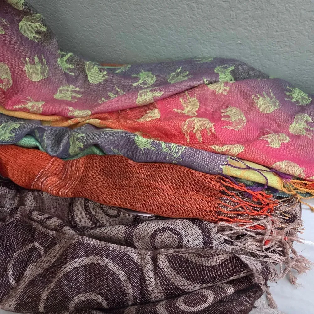 Pashmina Multicolor Elephant Print Cashmere Shawl/Scarf Bundle See Description